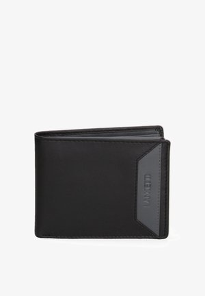 Black leather wallet with a textured gray accent. Features a rectangular shape, contrast stitching, and embossed brand logo.