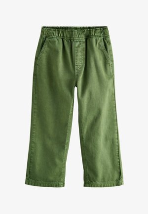 Zielone spodnie z rozciągliwej bawełny z elastycznym pasem, dwiema bocznymi kieszeniami i luźnym krojem; gładka tekstura i prosty fason nogawki.