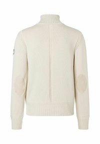 Beige gestrickter Pullover mit hohem geripptem Kragen, strukturiertem Stoff und passenden Ellenbogenpatches. Mit einer mittleren Naht und gerippten Manschetten.