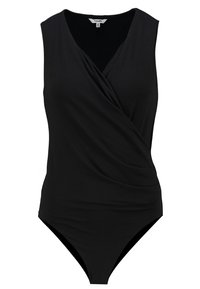 Body nero senza maniche con scollatura a V e dettaglio drappeggiato sul davanti, realizzato in un tessuto liscio, che presenta una silhouette aderente e gambe a taglio alto.