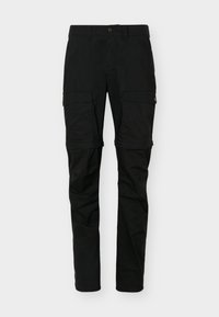 Μαύροι cargo παντελόνες convertible με τσέπες με καπάκι και κουμπιά στα μηρούς και φερμουάρ στους αστραγάλους για ρύθμιση μήκους.