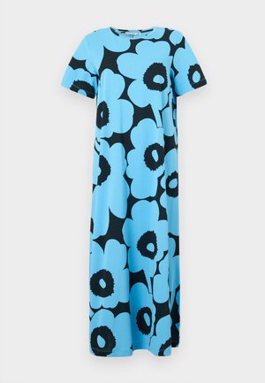 Maxi dress in cotone azzurro chiaro con un audace motivo floreale nero. Le maniche corte e il collo rotondo migliorano il design informale.