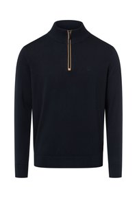 Granatowy sweter z półgolfem i suwakiem do połowy długości, o dzianinowej fakturze, z prążkowanymi mankietami i obrębem, z logo na piersi w tonującej haftowanej formie.