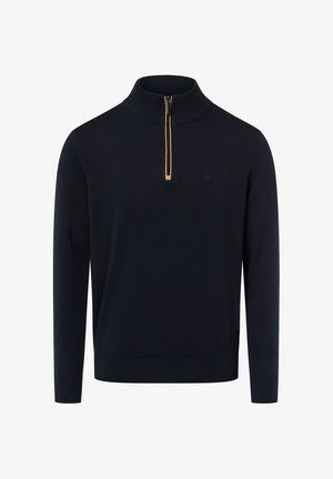 Granatowy sweter z półgolfem i suwakiem do połowy długości, o dzianinowej fakturze, z prążkowanymi mankietami i obrębem, z logo na piersi w tonującej haftowanej formie.