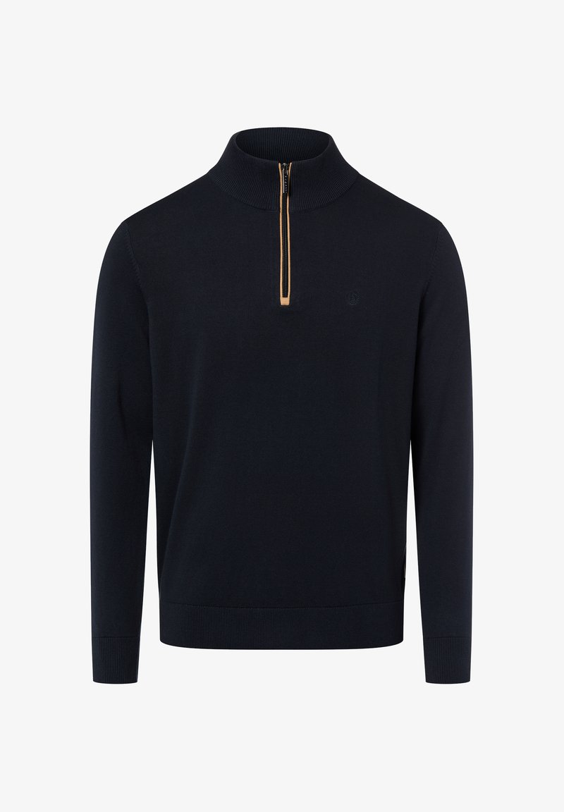 Granatowy sweter z półgolfem i suwakiem do połowy długości, o dzianinowej fakturze, z prążkowanymi mankietami i obrębem, z logo na piersi w tonującej haftowanej formie.