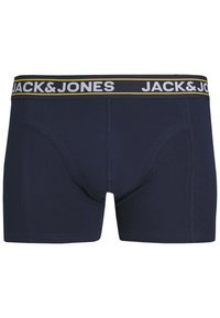Boxers para hombre en color azul marino, confeccionados en un tejido suave. Cuentan con una amplia cinturilla elástica que lleva la frase "JACK & JONES" y un detalle de franja amarilla.
