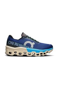 Blue running shoe featuring mesh upper, synthetic accents, cream midsole with hexagonal cutouts, and multicolored laces for secure fit.