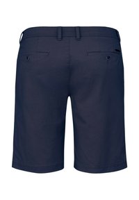 Marineblaue Shorts aus strukturiertem Stoff; verfügen über zwei Gesäßtaschen und ein gerade geschnittenes Bein.