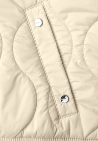 Tessuto trapuntato beige con cuciture curve, dotato di una patta verticale fissata da due bottoni a pressione argento lucido.