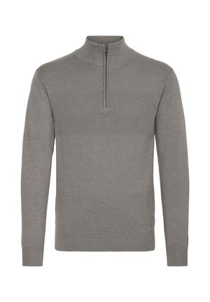 Maglione grigio con zip e colletto alto, caratterizzato da una striscia testurizzata sul petto e fodere a coste sui polsini e sull'orlo per un tocco di dettaglio in più.
