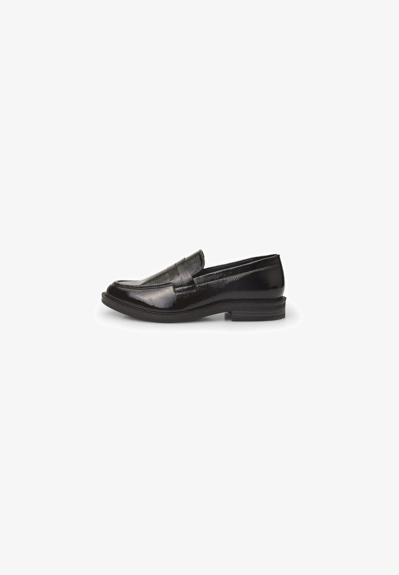 Mustad musta nahast loaferid läikiva viimistlusega, millel on õmmeldud esiosakujundus ja lame kummitald. Sulean ja klassikaline kuju.