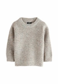 Maglione lavorato a maglia in beige chiaro con una texture a coste. Presenta un collo a giro e maniche a tre quarti. Etichetta visibile all'interno.