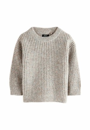 Pull en tricot beige clair avec une texture côtelée. Dispose d'un col rond et de manches trois-quarts. Étiquette visible à l'intérieur.