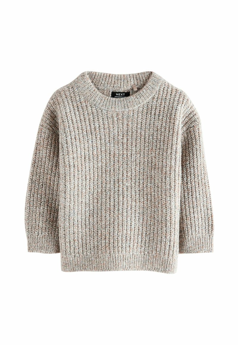 Maglione lavorato a maglia in beige chiaro con una texture a coste. Presenta un collo a giro e maniche a tre quarti. Etichetta visibile all'interno.