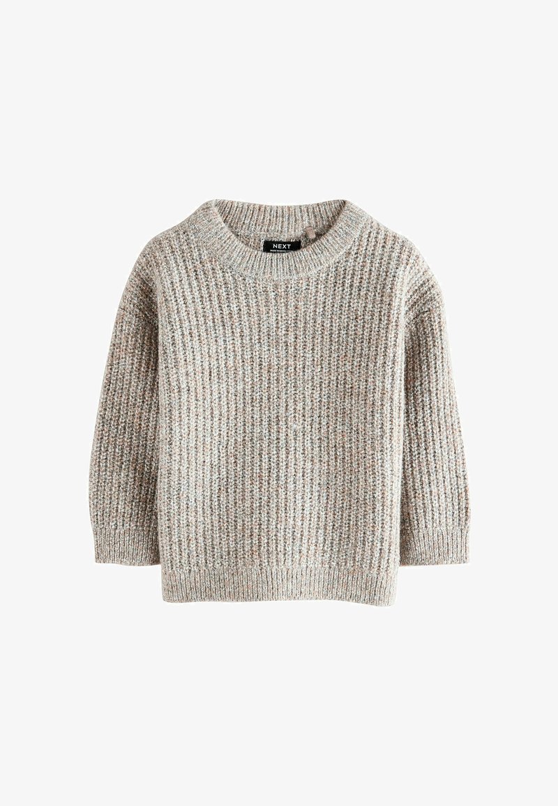 Hellgrauer Strickpullover mit geripptem Muster, rundem Halsausschnitt und Dreiviertelärmeln. Verfügt über ein weiches, gemütliches Design, das sich ideal zum Lagenlook eignet.