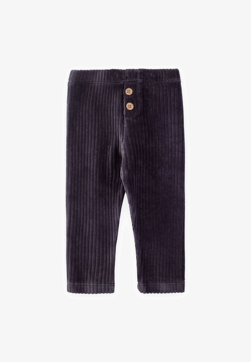 Mørkegrå kordfløjl bukser med lodrette ribber, der har en blød talje og to knaplukninger foran.