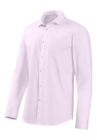 Helles rosa Langarmhemd aus glattem Stoff. Verfügt über einen spitzen Kragen, Standardknöpfe und eine taillierte Passform mit abgerundetem Saum.