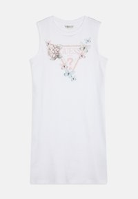 Valkoinen hihaton mekko, jossa on kukka- ja perhospainatus, vaaleanpunainen graafinen kolmion muotoilu ja pehmeä puuvillakangas.