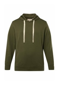 Olijfgroene hoodie van zacht materiaal, met een voorzak in kangoeroestijl, trekkoorden in een lichtbeige kleur en ribgebreide mouwen.
