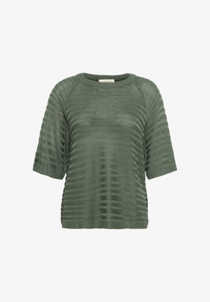 Žalias megztas trumpomisRankovėmis megztinis su tekstūrine juostele, apvaliu iškirpimu ir kraštų raukiniais. Lengvas ir kvėpuojantis audinys.