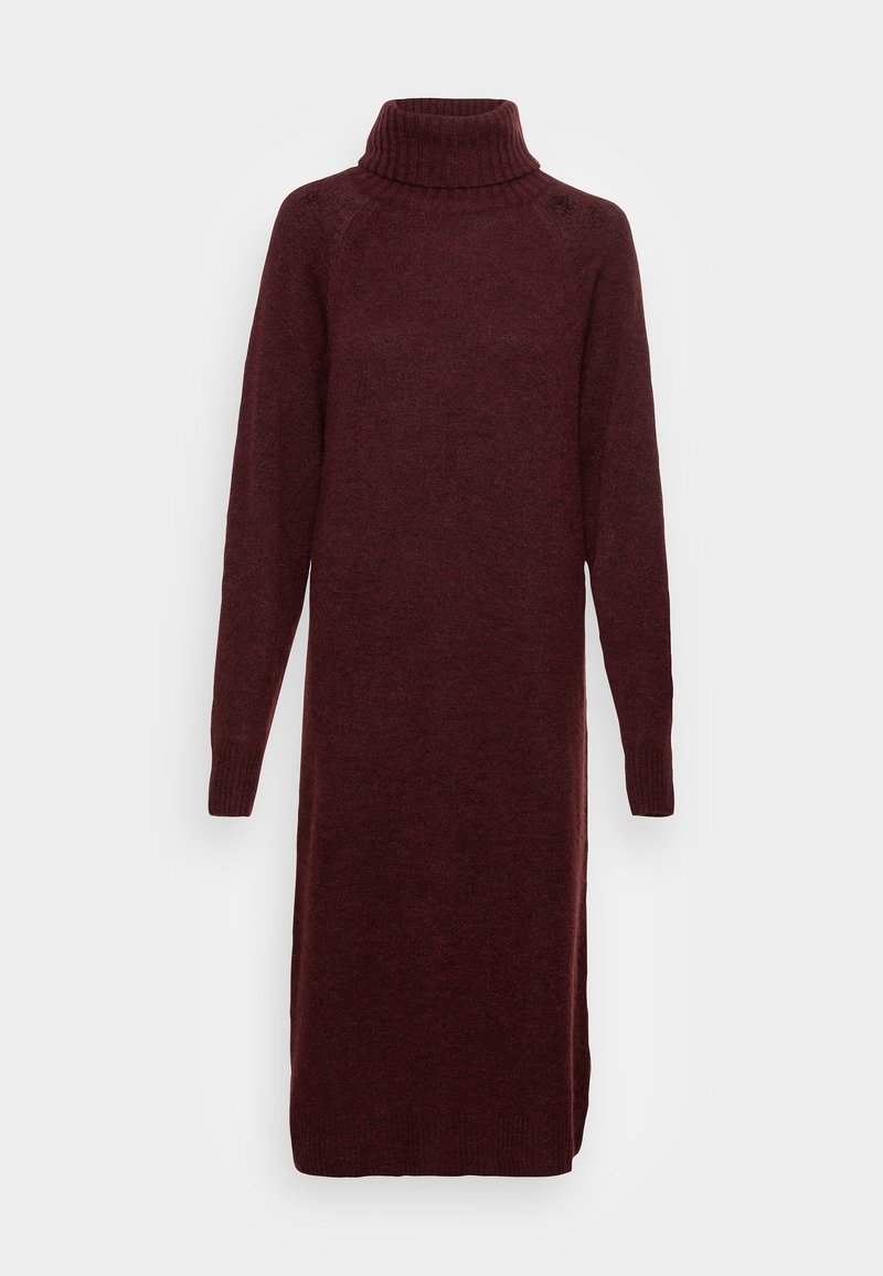 Robe pull tricotée bordeaux à manches longues, longueur genou, col roulé avec poignets et ourlet côtelés.