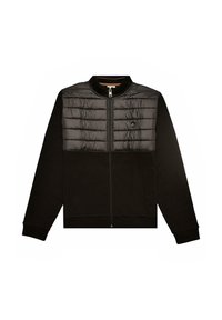 Chaqueta negra con cremallera, presenta una sección superior acolchada con diseño acolchado, sección inferior lisa, puños acanalados y bolsillos laterales.