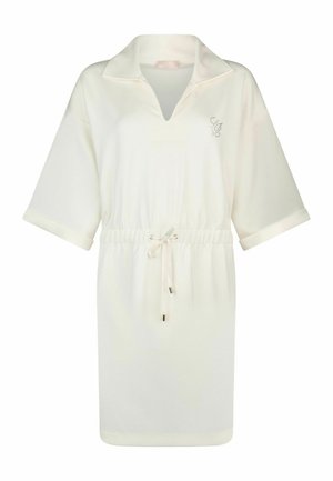 Robe à manches courtes couleur crème avec col, encolure en V, taille à cordon et petit logo brodé sur la poitrine gauche.