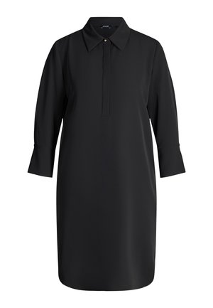 Zwarte jurk met een puntkraag, knoopsluiting en driekwart mouwen. Gemaakt van gladde stof met een rechte silhouet.