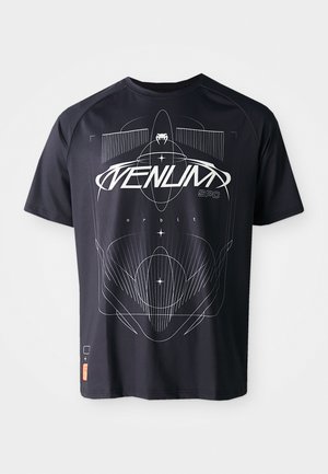Black short-sleeve T-shirt featuring geometric white graphic design, including lines and text, with a tag at the bottom left side.