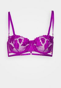 Sutiã roxo com copas de renda transparente com bordados florais, alças ajustáveis, suporte com aros e uma faixa de cetim com fecho frontal.
