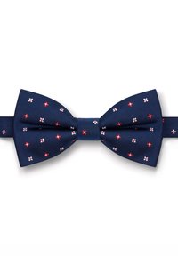 Granatowy muszka o ribbowej fakturze, z małymi czerwonymi i białymi wzorami kwiatowymi. Centralny węzeł łączy muszkę z regulowanym paskiem.