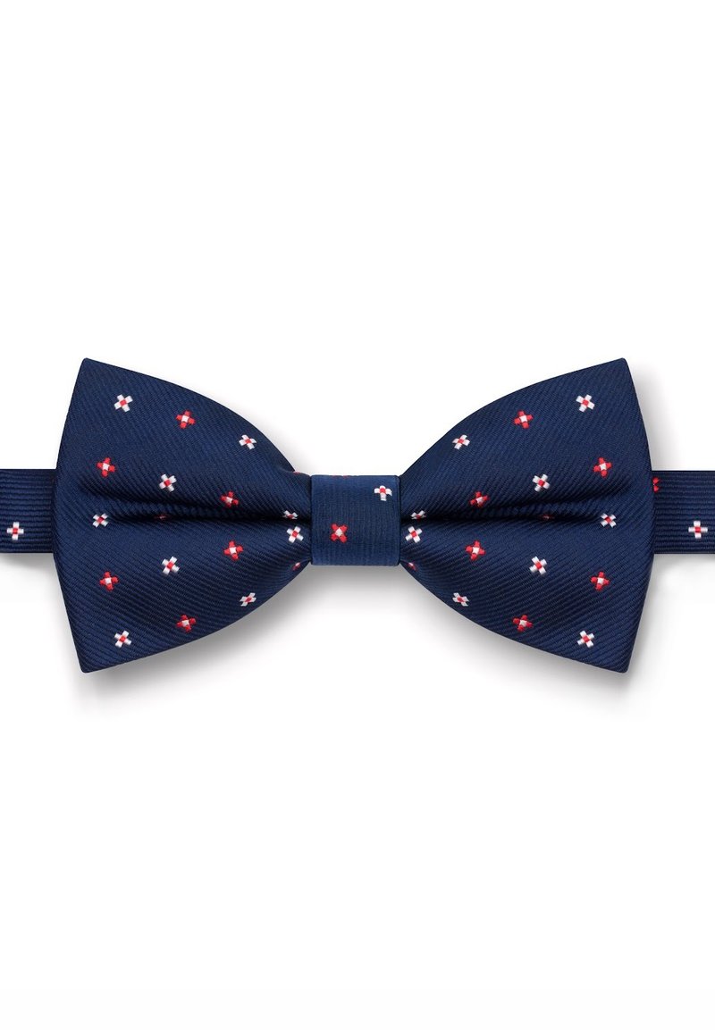Granatowy muszka o ribbowej fakturze, z małymi czerwonymi i białymi wzorami kwiatowymi. Centralny węzeł łączy muszkę z regulowanym paskiem.