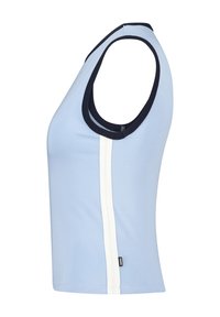 Light blue sleeveless top with a round neck, featuring a white stripe along the side and a navy blue accent around the neckline. Soft fabric.