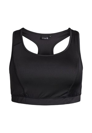 Crna sportska grudnjak od glatkog, rastezljivog materijala. Ima dizajn s otvorenim leđima i prilagođen siluetu. Šavovi su ravni radi udobnosti.