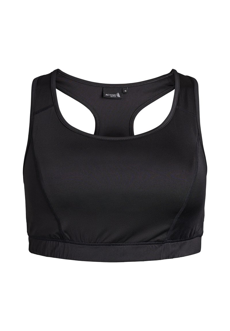 Mustkas sportbra, mis on valmistatud siledast ja venivast kangast. Omab võidusõidukuue disaini ja istuvat siluetti. Õmblused on siledateks mugavuse huvides.