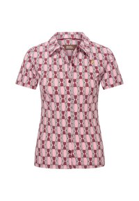 Camicia a maniche corte con un motivo geometrico rosa e bordeaux, colletto, chiusura frontale con bottoni e un piccolo logo sul petto.