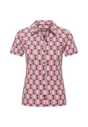 Short-sleeve shirt in a pink and burgundy geometric pattern with a collar, button-down front, and a small logo on the chest.