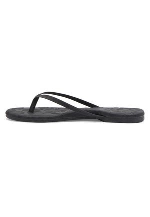 Black flip-flop featuring a flat rubber sole, two crossing straps, and a textured footbed with a subtle pattern.