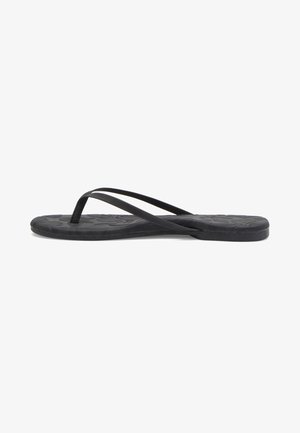 Black flip-flop featuring a flat rubber sole, two crossing straps, and a textured footbed with a subtle pattern.