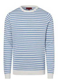 Pruhovaný svetr v světle modré a bílé barvě, s žebrovaným kulatým výstřihem, dlouhými rukávy a měkkou pletenou texturou.