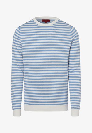Gestreifter Pullover in Hellblau und Weiß, mit ribbeltem Rundhalsausschnitt, langen Ärmeln und einer weichen Stricktextur.