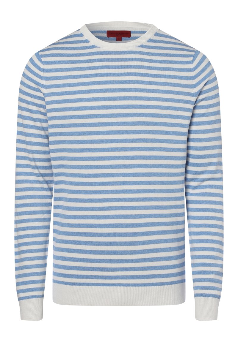Pruhovaný svetr v světle modré a bílé barvě, s žebrovaným kulatým výstřihem, dlouhými rukávy a měkkou pletenou texturou.