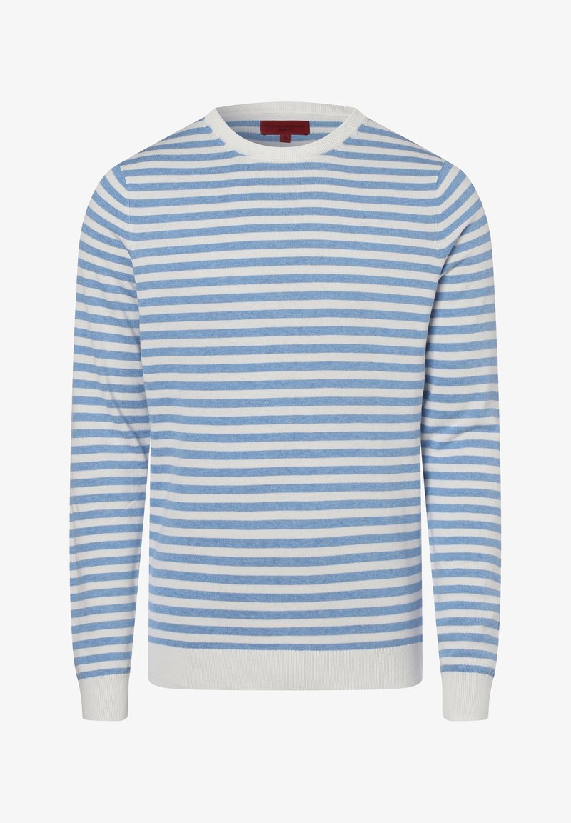 Pruhovaný svetr v světle modré a bílé barvě, s žebrovaným kulatým výstřihem, dlouhými rukávy a měkkou pletenou texturou.