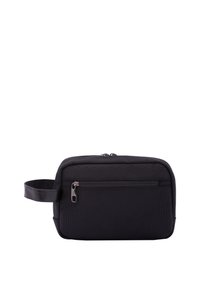 Borsa da viaggio nera realizzata in tessuto resistente, con una cerniera liscia e un manico laterale. Forma rettangolare con una tasca frontale piatta.