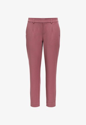 Hlače rožnate barve, krojene po meri, z ravnim prednjim delom, dvema stranskima žepoma in skrajšano dolžino. Gladek, lahek material.