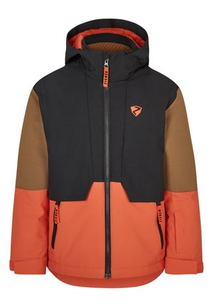 Skijacke mit schwarzem Oberteil, orange- und braunfarbigem Color-Blocking-Design, Reißverschluss, Kapuze und verstellbaren Bündchen. Mit Markenakzenten.