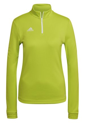 Pullover atletico verde a maniche lunghe con collo a mezza zip e polsini testurizzati; presenta il logo bianco Adidas sul lato sinistro del petto.