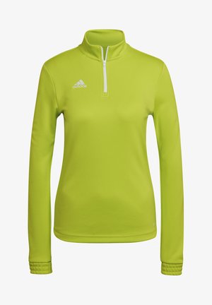 Pullover atletico verde a maniche lunghe con collo a mezza zip e polsini testurizzati; presenta il logo bianco Adidas sul lato sinistro del petto.