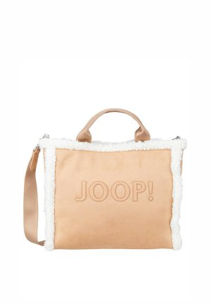 Bolso tote Joop! de color tostado, con ribete blanco afelpado, dos asas y una correa desmontable para el hombro.