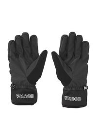 Zwarte handschoenen van een geweven stof, met een gladde grip op de handpalm, elastische manchetten en een logo op het polsgebied. Ontworpen voor warmte en grip.
